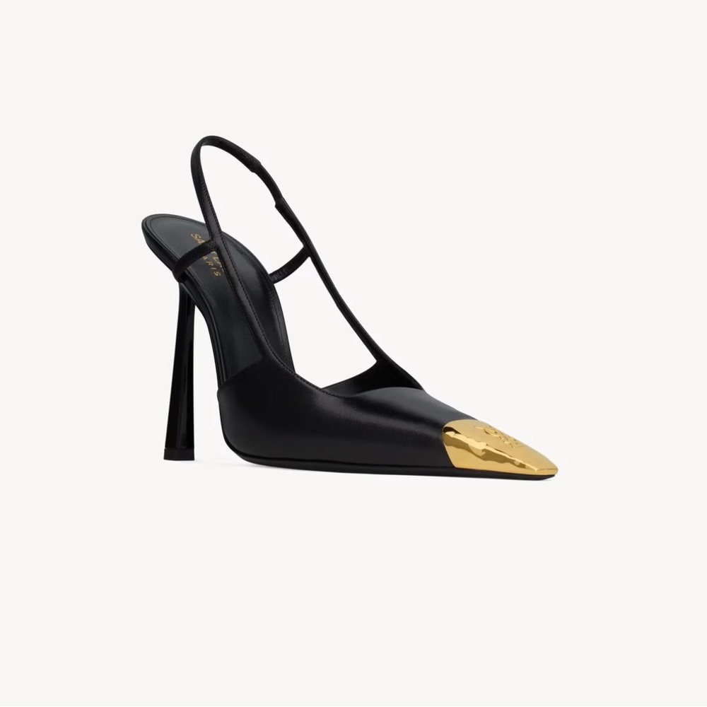 SAINT LAURENT
Jeanne embellished glossed-leather slingback pumps